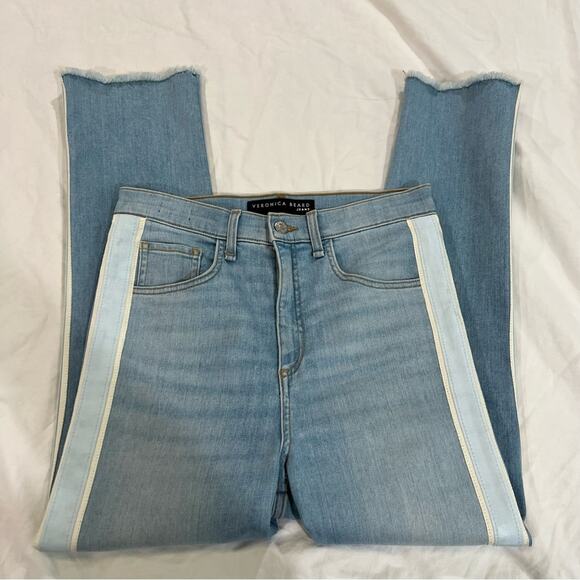 Veronica Beard Carly Air Tux Striped 11” Kick Flare Jean frayed ankle size 28 - Picture 15 of 16